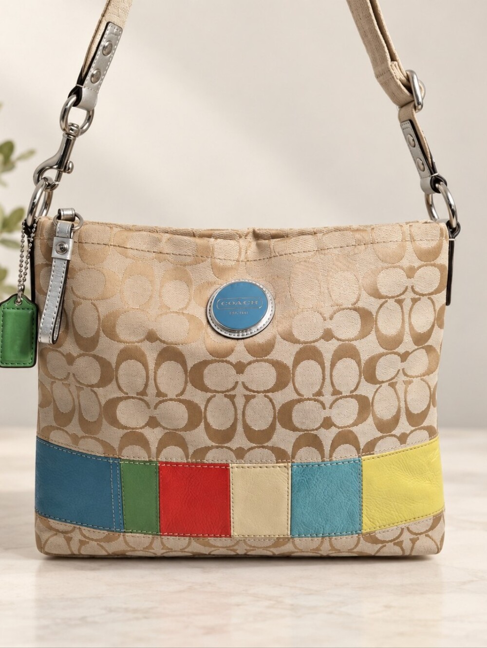 Coach Rainbow Stripe Signature Shoulder Bag F17441 Colorblock Patchwork Purse